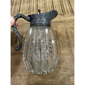 Vintage Victorian Cut Glass Syrup Pitcher 5 1/2" tall Thick Glass Heavily Cut